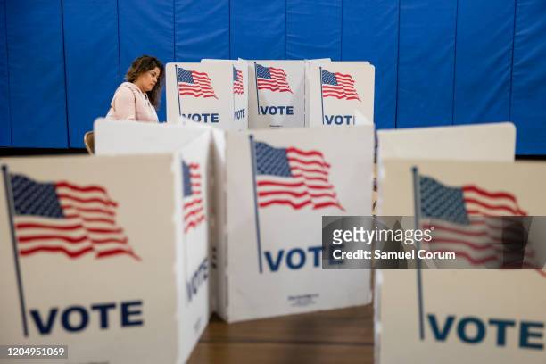 Woman marks down her vote on a ballot for the Democratic presidential primary election at a polling place in Armstrong Elementary School on Super...