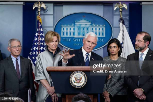 Vice President Mike Pence speaks during a briefing on the administration's coronavirus response in the press briefing room of the White House on...