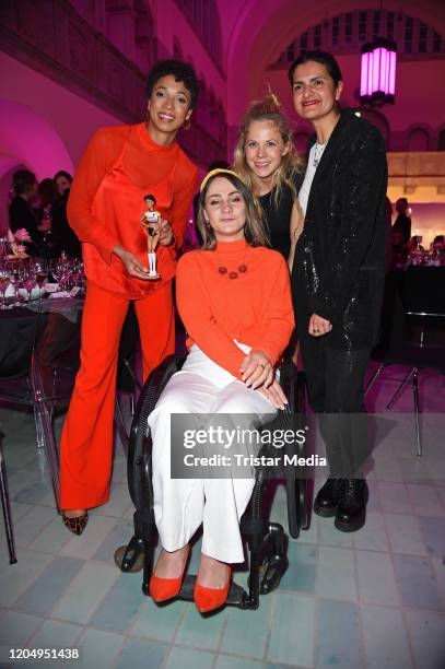 Award winner Malaika Mihambo, Kristina Vogel, Julia Dorny and designer Leyla Piedayesh attend the ICONISTA Award 2020 at Stadtbad Oderberger on March...