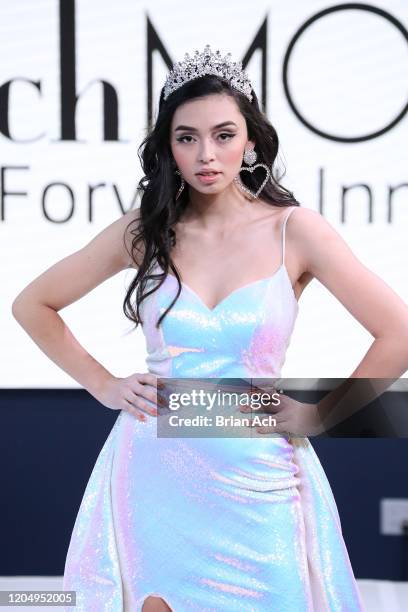 Model walks the runway wearing Portia & Scarlett Couture during NYFW Powered By hiTechMODA on February 08, 2020 in New York City.