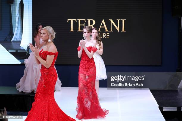 Model walks the runway wearing Bebe's and Liz's presents TERANI Couture during NYFW Powered By hiTechMODA on February 08, 2020 in New York City.