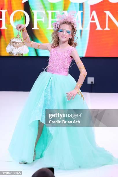 Model walks the runway wearing Mila Hoffman Couture during NYFW Powered By hiTechMODA on February 08, 2020 in New York City.