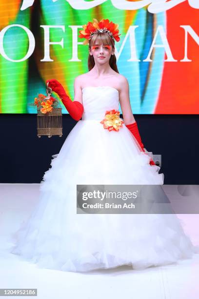 Model walks the runway wearing Mila Hoffman Couture during NYFW Powered By hiTechMODA on February 08, 2020 in New York City.