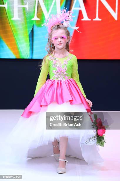 Model walks the runway wearing Mila Hoffman Couture during NYFW Powered By hiTechMODA on February 08, 2020 in New York City.