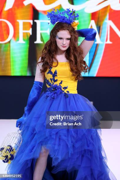 Model walks the runway wearing Mila Hoffman Couture during NYFW Powered By hiTechMODA on February 08, 2020 in New York City.