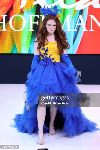 Model walks the runway wearing Mila Hoffman Couture during NYFW Powered By hiTechMODA on February 08, 2020 in New York City.