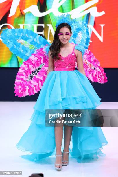 Model walks the runway wearing Mila Hoffman Couture during NYFW Powered By hiTechMODA on February 08, 2020 in New York City.