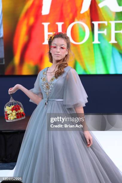 Model walks the runway wearing Mila Hoffman Couture during NYFW Powered By hiTechMODA on February 08, 2020 in New York City.