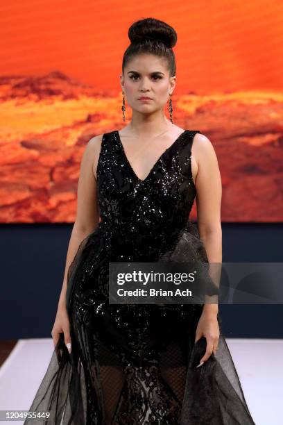 Model walks the runway wearing MM Milano Couture during NYFW Powered By hiTechMODA on February 08, 2020 in New York City.