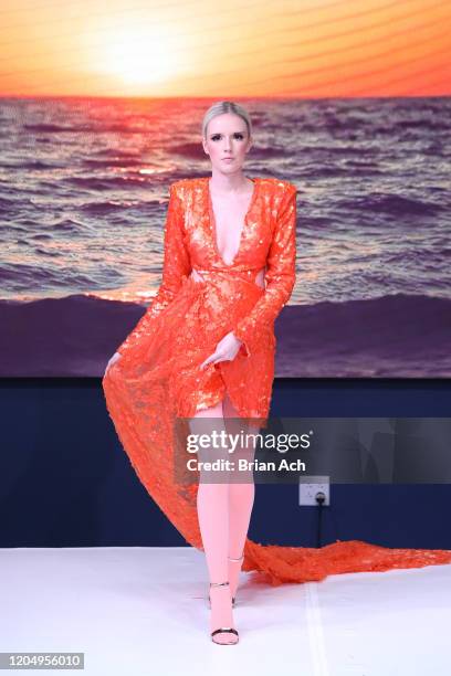 Model walks the runway wearing MM Milano Couture during NYFW Powered By hiTechMODA on February 08, 2020 in New York City.