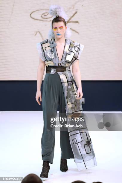 Model walks the runway wearing Gulick & Ybarra Wearable Art during NYFW Powered By hiTechMODA on February 08, 2020 in New York City.