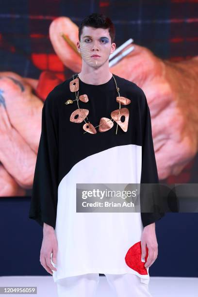 Model walks the runway wearing Gulick & Ybarra Wearable Art during NYFW Powered By hiTechMODA on February 08, 2020 in New York City.