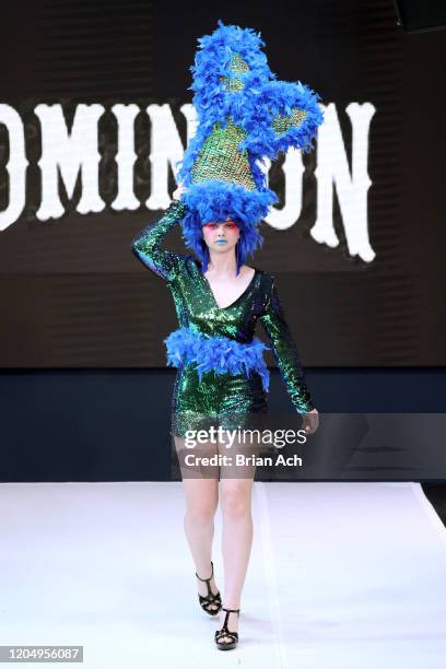 Model walks the runway wearing Dominion Couture Costume Design during NYFW Powered By hiTechMODA on February 08, 2020 in New York City.