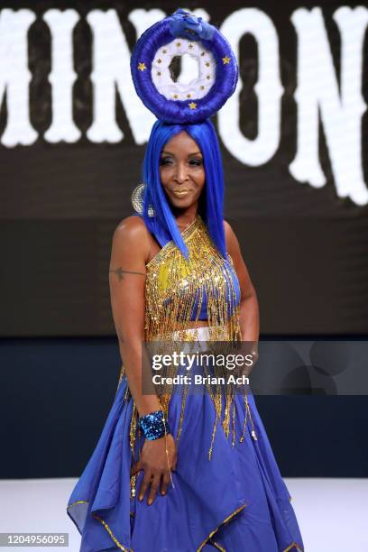 Model walks the runway wearing Dominion Couture Costume Design during NYFW Powered By hiTechMODA on February 08, 2020 in New York City.