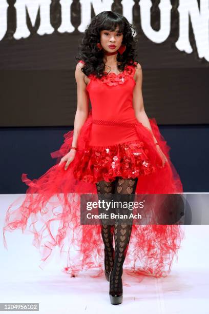 Model walks the runway wearing Dominion Couture Costume Design during NYFW Powered By hiTechMODA on February 08, 2020 in New York City.