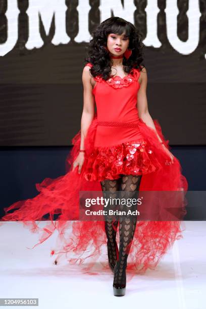 Model walks the runway wearing Dominion Couture Costume Design during NYFW Powered By hiTechMODA on February 08, 2020 in New York City.