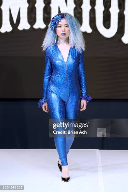 Model walks the runway wearing Dominion Couture Costume Design during NYFW Powered By hiTechMODA on February 08, 2020 in New York City.