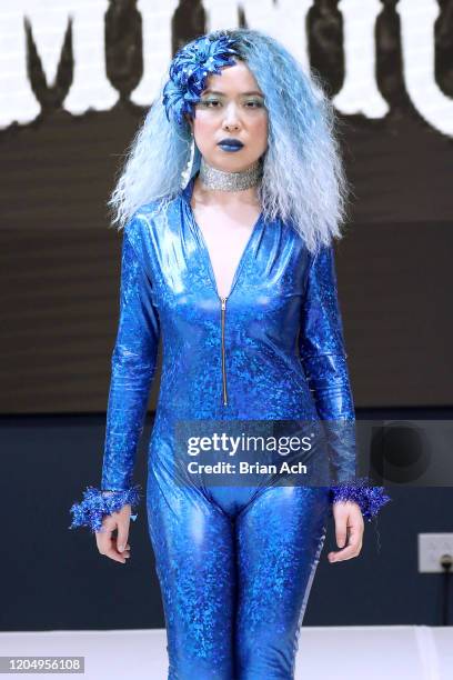 Model walks the runway wearing Dominion Couture Costume Design during NYFW Powered By hiTechMODA on February 08, 2020 in New York City.