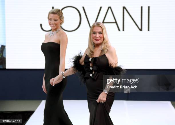 Model Lou Schieffelin walks the runway wearing Bebe's and Liz's presents JOVANI, Special Showcase by Celebrity Jeweler Mike Nekta New York during...