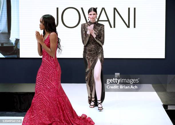 Model walks the runway wearing Bebe's and Liz's presents JOVANI during NYFW Powered By hiTechMODA on February 08, 2020 in New York City.