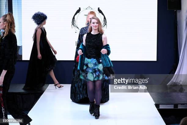 Model walks the runway wearing Pelush Luxury Faux Furs during NYFW Powered By hiTechMODA on February 08, 2020 in New York City.