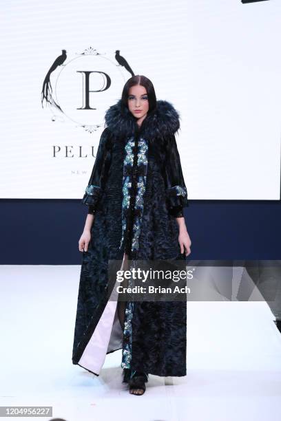 Model walks the runway wearing Pelush Luxury Faux Furs during NYFW Powered By hiTechMODA on February 08, 2020 in New York City.