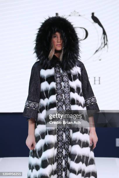 Model walks the runway wearing Pelush Luxury Faux Furs during NYFW Powered By hiTechMODA on February 08, 2020 in New York City.