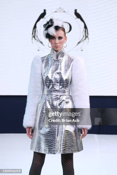 Model walks the runway wearing Pelush Luxury Faux Furs during NYFW Powered By hiTechMODA on February 08, 2020 in New York City.