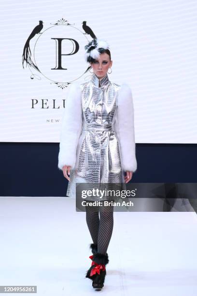 Model walks the runway wearing Pelush Luxury Faux Furs during NYFW Powered By hiTechMODA on February 08, 2020 in New York City.