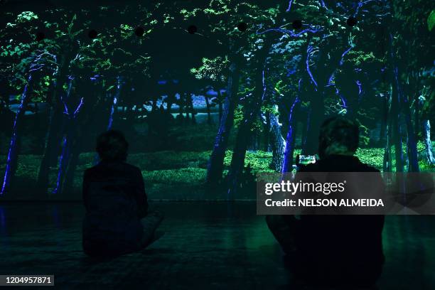 Visitors watch the multimedia installation during the "Japao em Sonhos" exhibition at the Japan House, in Sao Paulo, Brazil, on March 3, 2020.