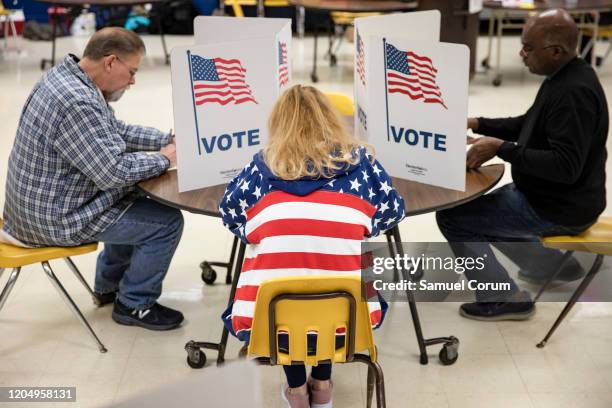 Voters fill in their ballots for the Democratic presidential primary election at a polling place in Armstrong Elementary School on Super Tuesday,...