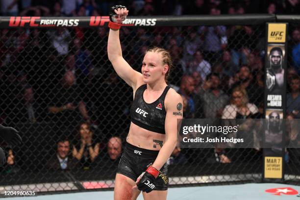 Valentina Shevchenko of Kyrgyzstan celebrates her TKO victory over Katlyn Chookagian in their women's flyweight championship bout during the UFC 247...