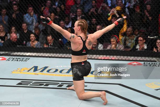 Valentina Shevchenko of Kyrgyzstan celebrates her TKO victory over Katlyn Chookagian in their women's flyweight championship bout during the UFC 247...