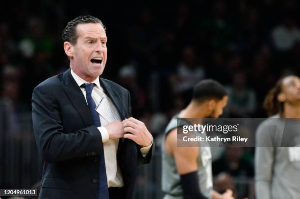 Head coach Kenny Atkinson of the Brooklyn Nets reacts in the first half of the game against the Boston Celtics at TD Garden on March 3, 2020 in...