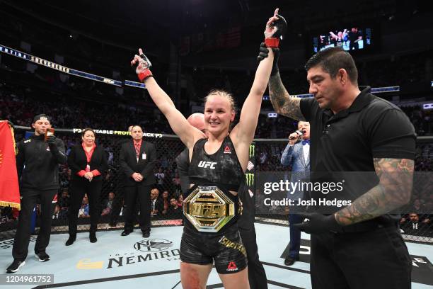 Valentina Shevchenko of Kyrgyzstan celebrates her TKO victory over Katlyn Chookagian in their women's flyweight championship bout during the UFC 247...