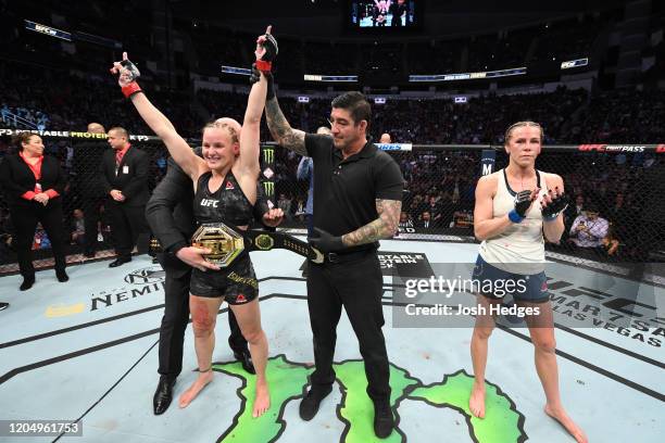 Valentina Shevchenko of Kyrgyzstan celebrates her TKO victory over Katlyn Chookagian in their women's flyweight championship bout during the UFC 247...