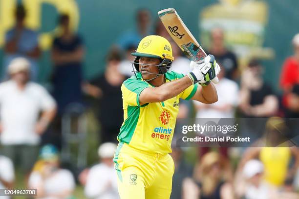 Sachin Tendulkar bats during the Bushfire Cricket Bash T20 match between the Ponting XI and the Gilchrist XI at Junction Oval on February 09, 2020 in...