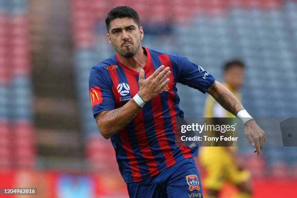 Dimi Petratos of the Newcastle Jets celebrates a goal during the round 18 A-League match between the Newcastle Jets and the Central Coast Mariners at...