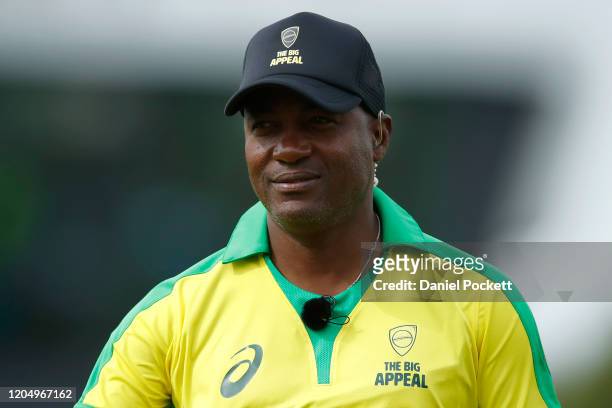 Brian Lara looks on during the Bushfire Cricket Bash T20 match between the Ponting XI and the Gilchrist XI at Junction Oval on February 09, 2020 in...