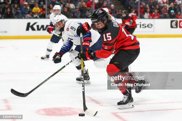 Mélodie Daoust of the Canadian Women's National Team handles the puck against the U.S. Women's Hockey Team at Honda Center on February 08, 2020 in...