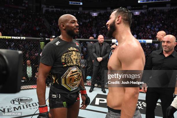 Jon Jones and Dominick Reyes interact after their light heavyweight championship bout during the UFC 247 event at Toyota Center on February 08, 2020...
