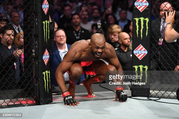 Jon Jones enters the octagon prior to his light heavyweight championship bout during the UFC 247 event at Toyota Center on February 08, 2020 in...
