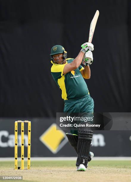 Andrew Symonds bats during the Bushfire Cricket Bash T20 match between the Ponting XI and the Gilchrist XI at Junction Oval on February 09, 2020 in...