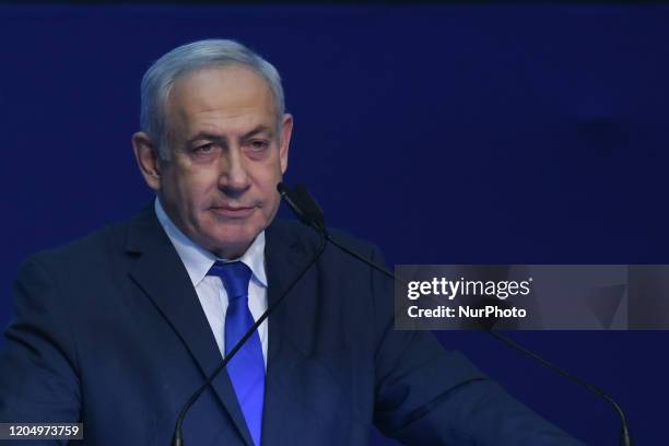 Israeli Prime Minister Benjamin Netanyahu during his address to supporters following the announcement of exit polls in Israel's election at his Likud...