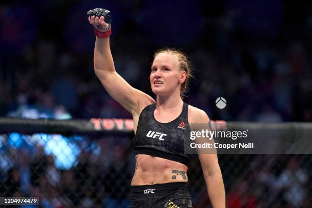 Valentina Shevchenko of Kyrgyzstan celebrates her TKO victory over Katlyn Chookagian in their women's flyweight championship bout during the UFC 247...