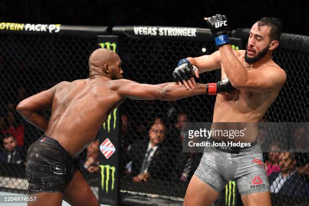 Jon Jones punches Dominick Reyes in their light heavyweight championship bout during the UFC 247 event at Toyota Center on February 08, 2020 in...