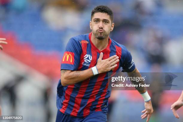 Dimitri Petratos of the Newcastle Jets celebrates his goal during the round 18 A-League match between the Newcastle Jets and the Central Coast...