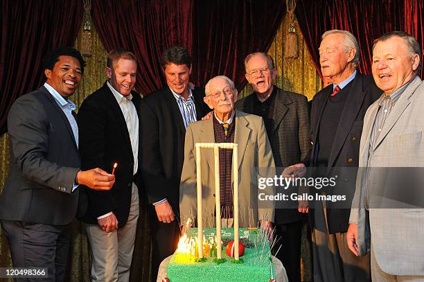 Norman Gordon with Makhaya Ntini, Shaun Pollock, Fanie de Villiers, Peter Pollock, Neil Adcock and Mike Procter during the 100th birthday...