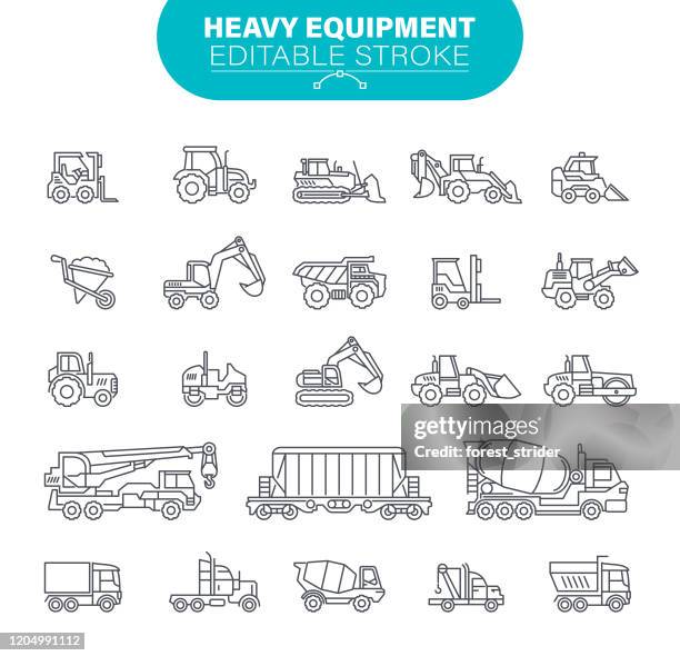 schwere sekmittelende symbole. bearbeitbarer strich. in set-icons wie konstruktion, bergbaumaschinen, traktoren, illustration - crane construction machinery stock-grafiken, -clipart, -cartoons und -symbole