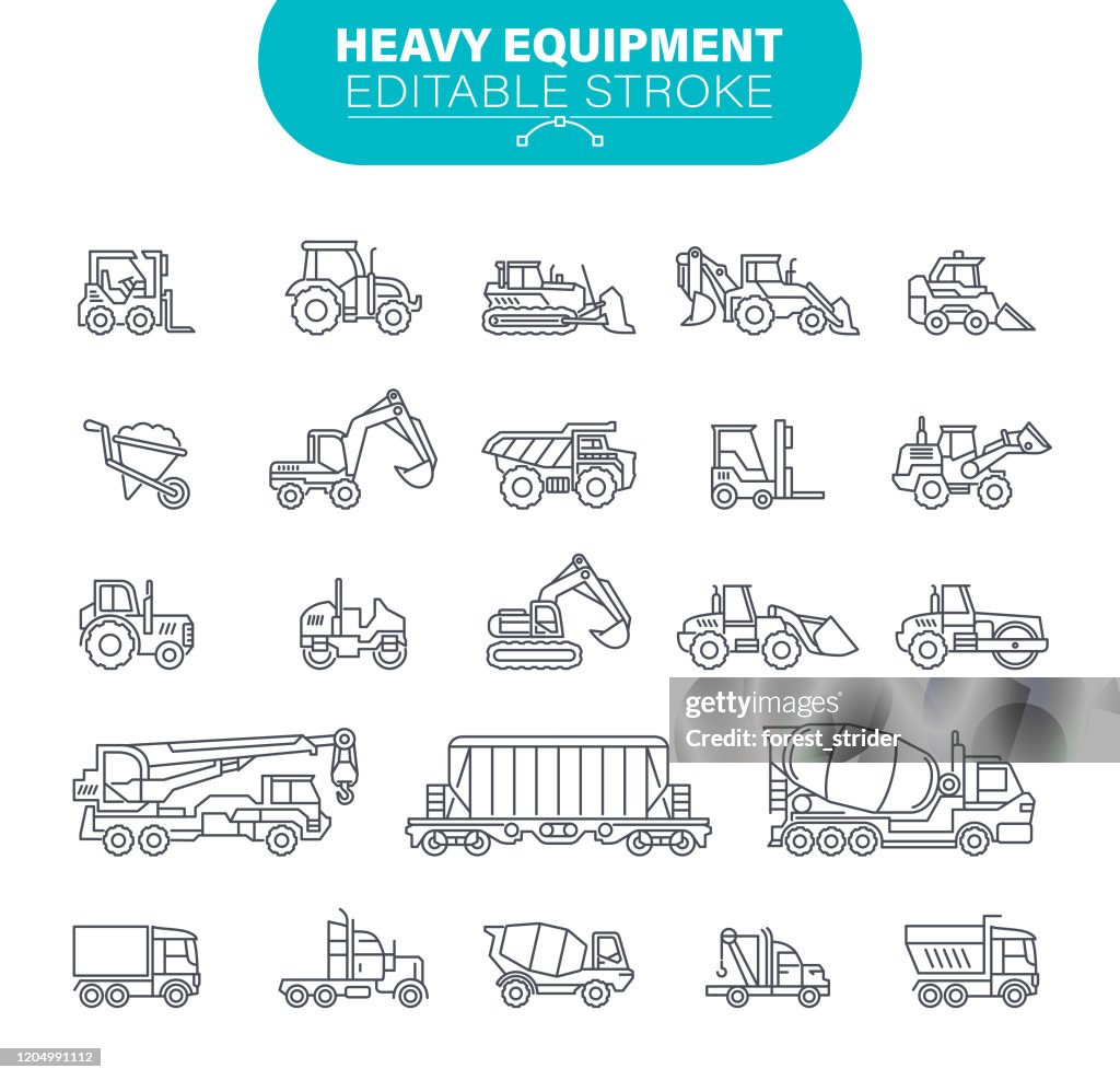 Iconos de equipos pesados. Trazo editable. En iconos de conjunto como construcción, máquinas mineras, tractores, ilustración
